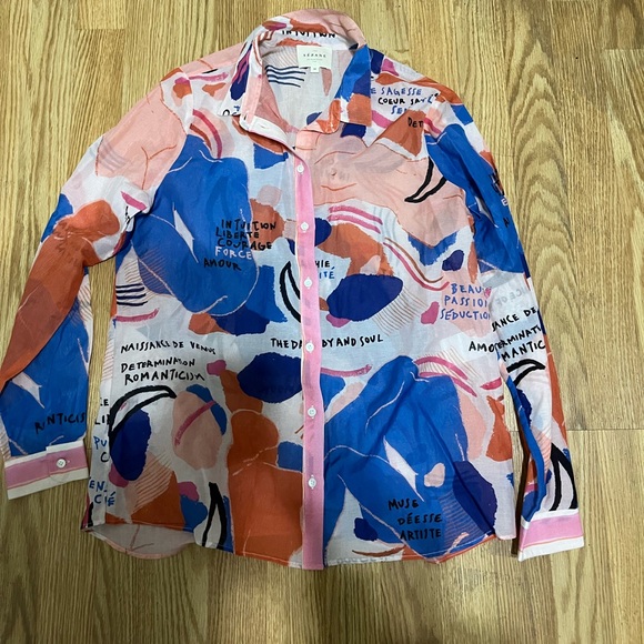 Sezane Pierro button Shirt in Femme silk blue red pink Size 38 - Picture 2 of 6